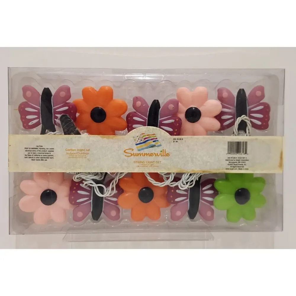 Vintage Butterfly & Flower Blow Mold String Lights Patio Indoor/Outdoor Set Of 2